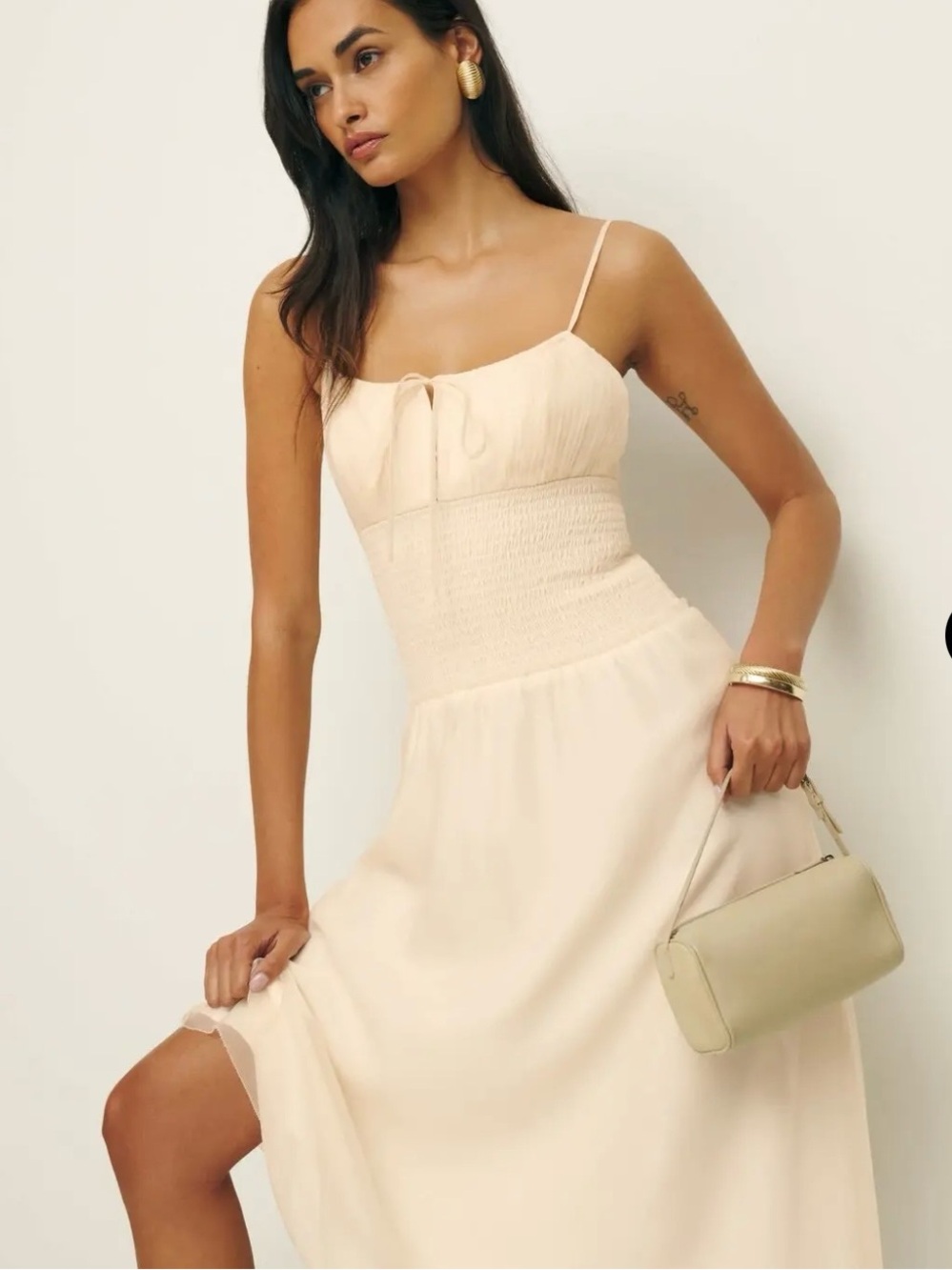 NEW Reformation Laly Ivory Drop Smocked Waist Midi Dress size 10